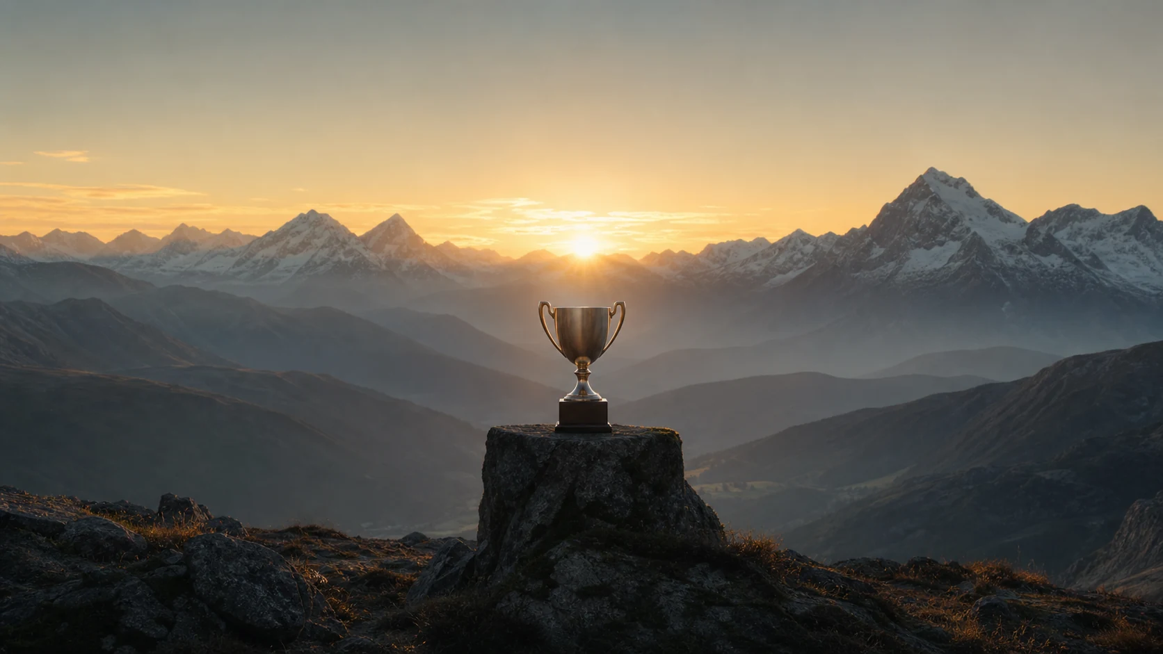 Plain trophy before the Swiss Alps at sunrise